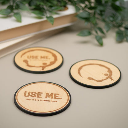 Coffee Stain Coaster: Fake Coffee Stain, Engraved Wooden Coaster