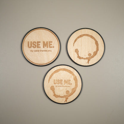 Coffee Stain Coaster: Fake Coffee Stain, Engraved Wooden Coaster