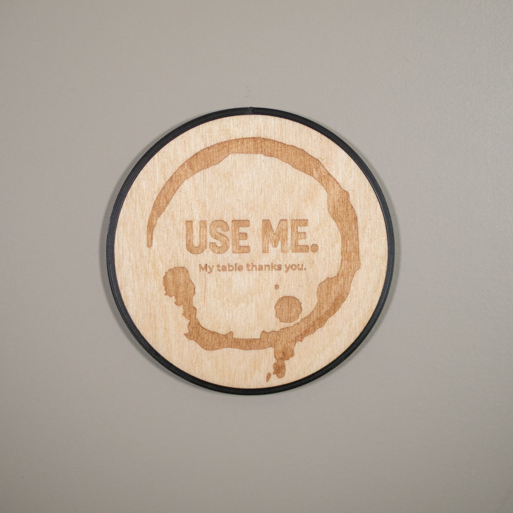 Coffee Stain Coaster: Fake Coffee Stain, Engraved Wooden Coaster