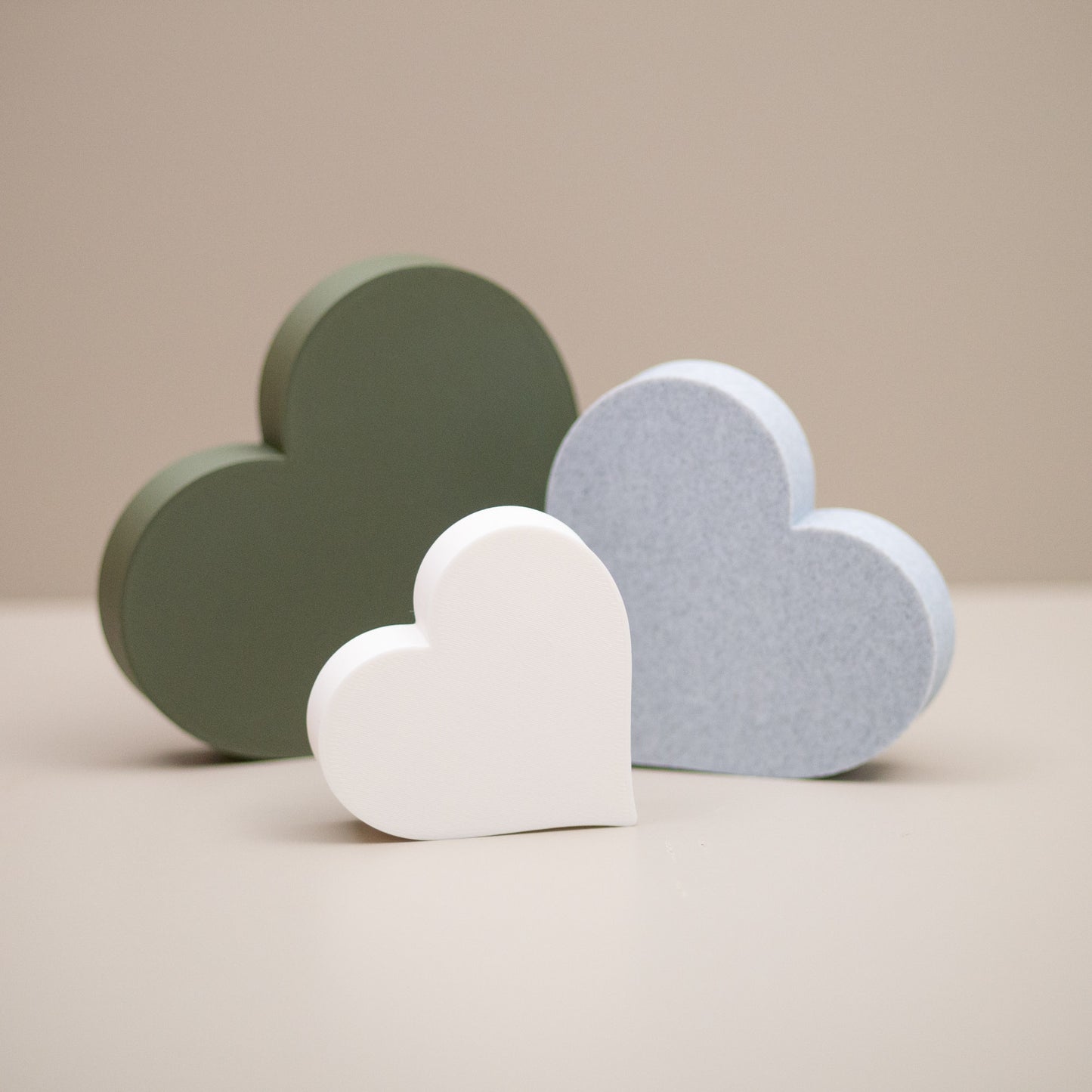 Love Heart Ornaments - Set of of 3 - Olive Green, Stone and White