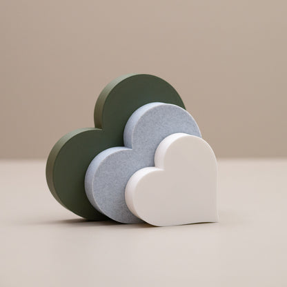 Love Heart Ornaments - Set of of 3 - Olive Green, Stone and White