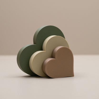 Love Heart Ornaments - Set of of 3 - Dark olive green, light olive and gold