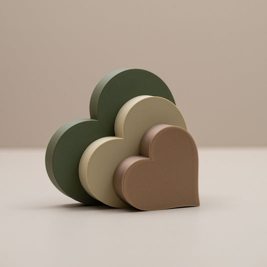 Love Heart Ornaments - Set of of 3 - Dark olive green, light olive and gold