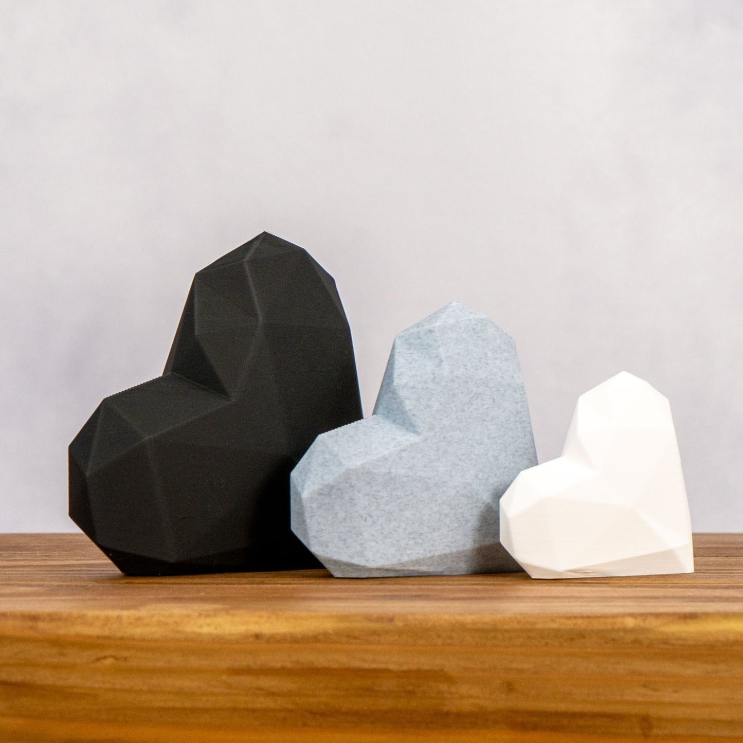 Geometric 3D Love Heart Ornaments - Black, Stone Grey and White - Set of 3 Hearts - Vantage 3D Prints