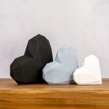 Geometric 3D Love Heart Ornaments - Black, Stone Grey and White - Set of 3 Hearts - Vantage 3D Prints