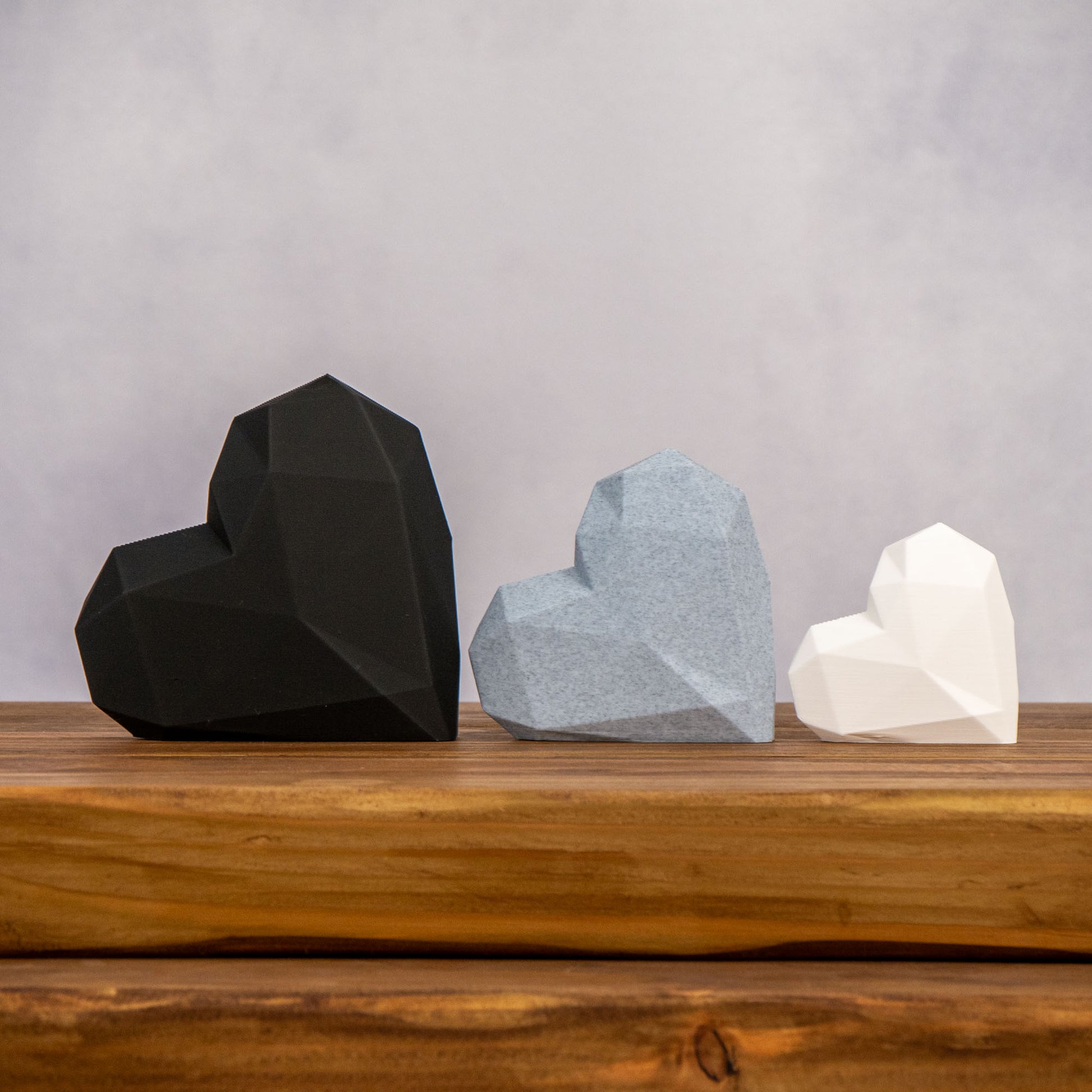 Geometric 3D Love Heart Ornaments - Black, Stone Grey and White - Set of 3 Hearts - Vantage 3D Prints