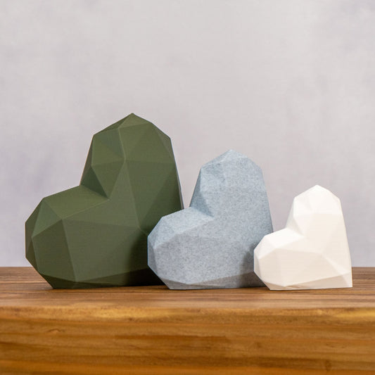 Geometric 3D Love Heart Ornaments - Olive Green, Stone Grey and White - Set of 3 Hearts - Vantage 3D Prints