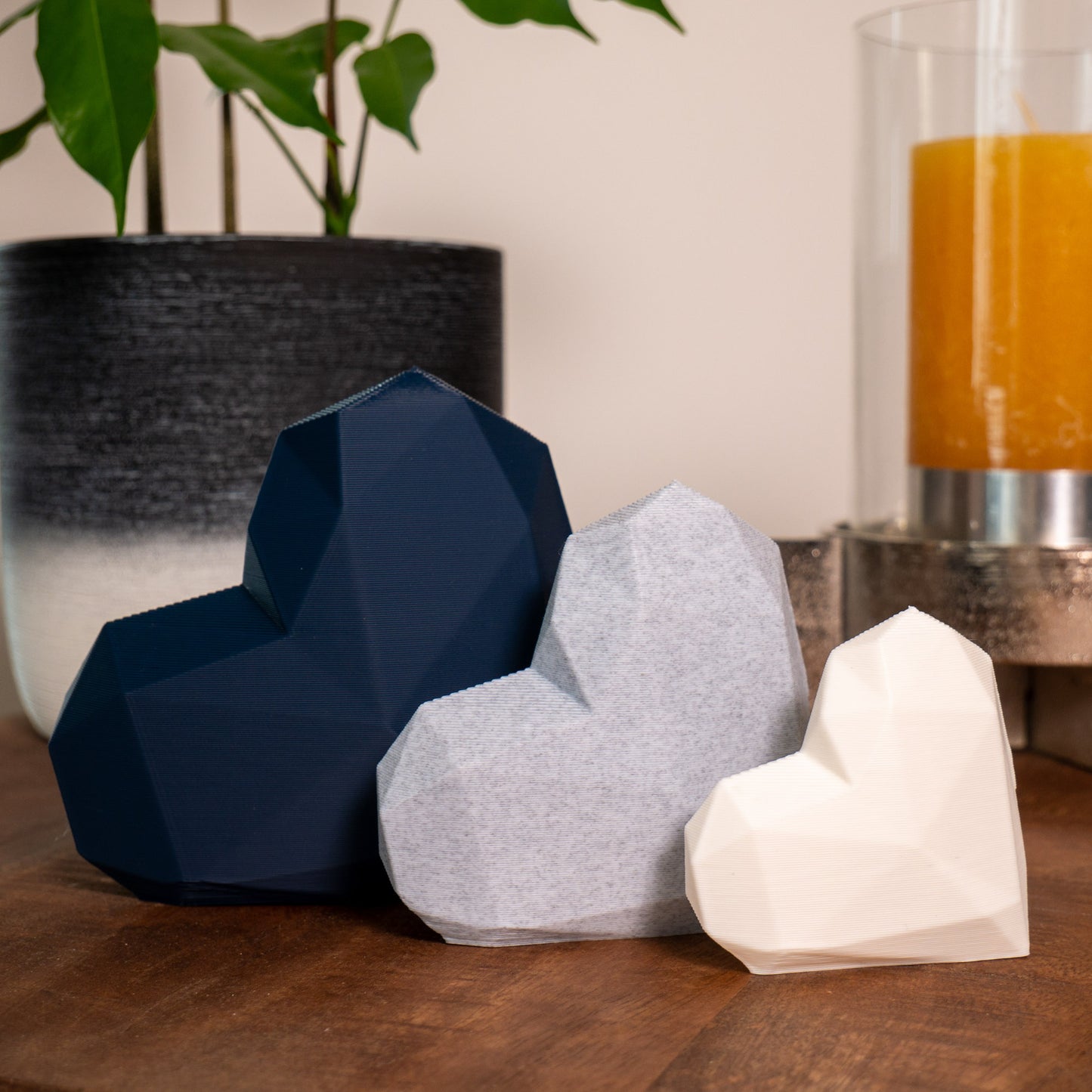 Geometric 3D Love Heart Ornaments - Navy Blue, Stone Grey and White - Set of 3 Hearts - Vantage 3D Prints