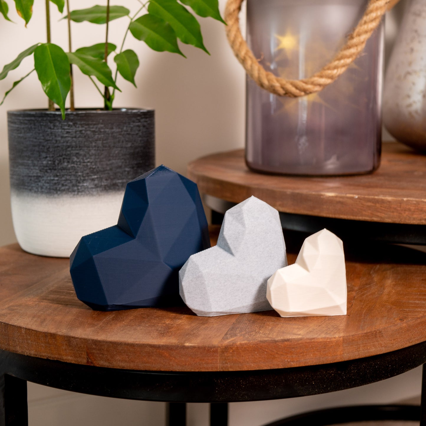 Geometric 3D Love Heart Ornaments - Navy Blue, Stone Grey and White - Set of 3 Hearts - Vantage 3D Prints