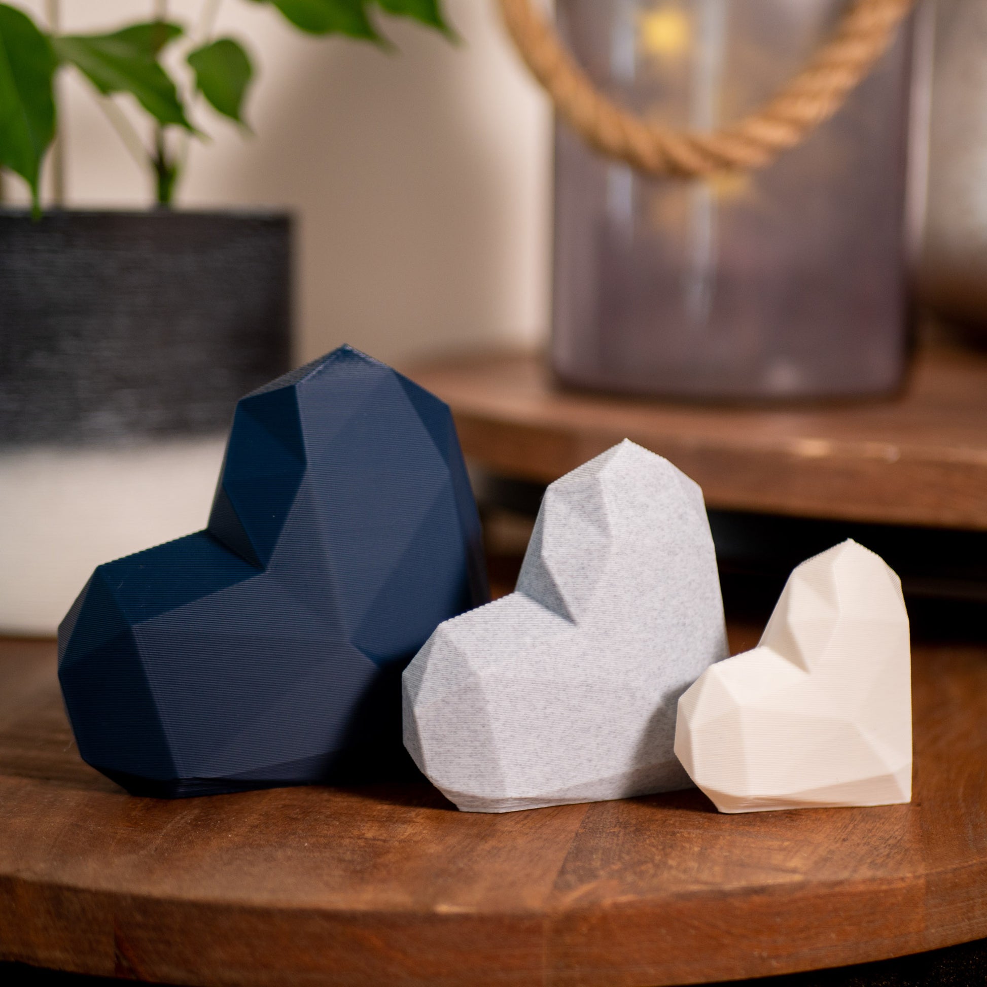 Geometric 3D Love Heart Ornaments - Navy Blue, Stone Grey and White - Set of 3 Hearts - Vantage 3D Prints