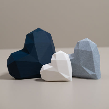Geometric 3D Love Heart Ornaments - Navy Blue, Stone Grey and White - Set of 3 Hearts