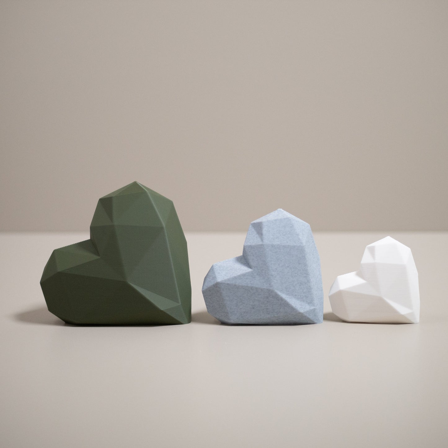 Geometric 3D Love Heart Ornaments - Olive Green, Stone Grey and White - Set of 3 Hearts