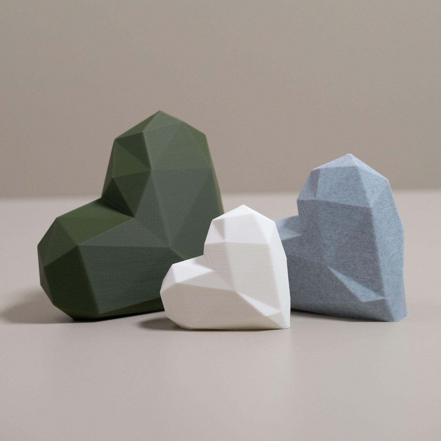 Geometric 3D Love Heart Ornaments - Olive Green, Stone Grey and White - Set of 3 Hearts