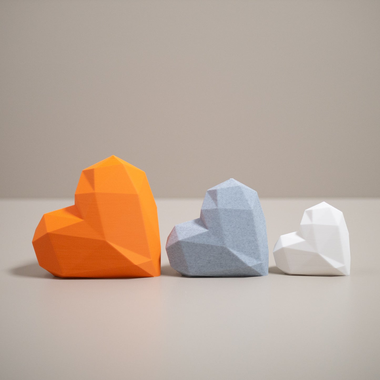 Geometric 3D Love Heart Ornaments - Orange, Stone Grey and White - Set of 3 Hearts