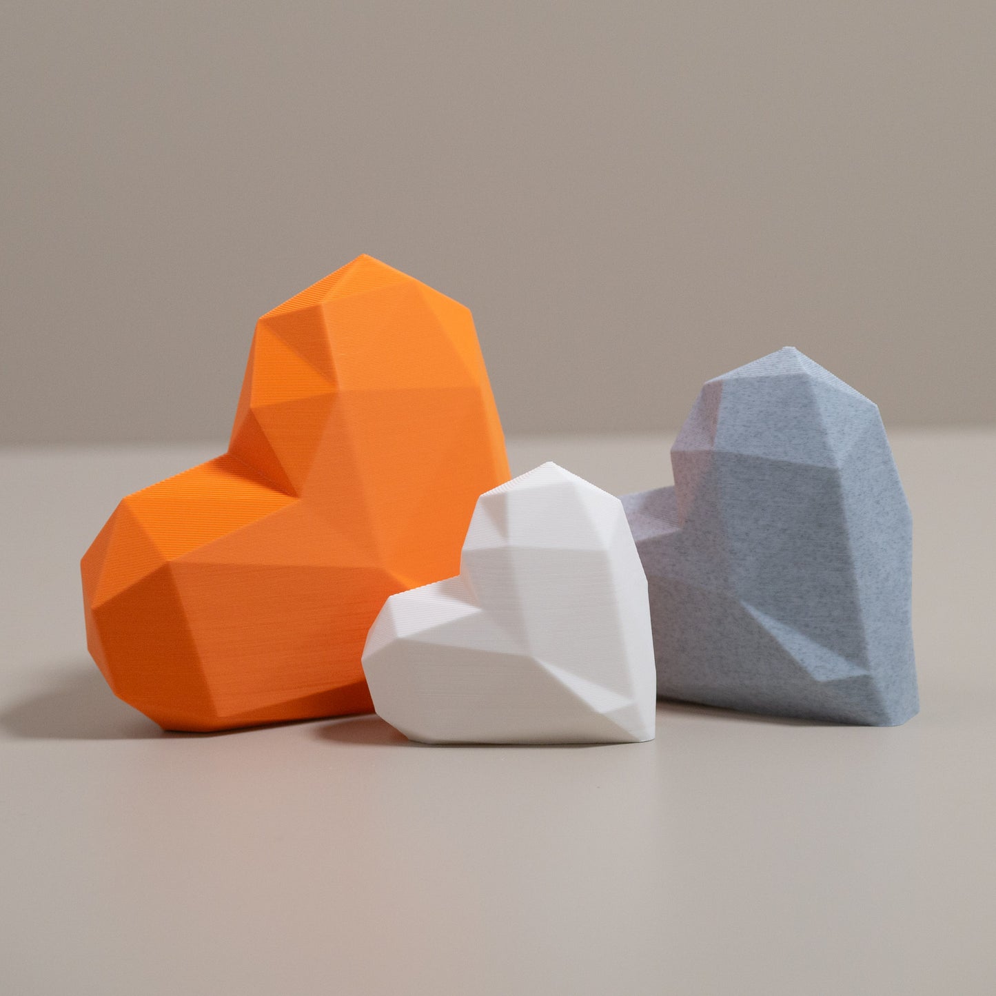 Geometric 3D Love Heart Ornaments - Orange, Stone Grey and White - Set of 3 Hearts