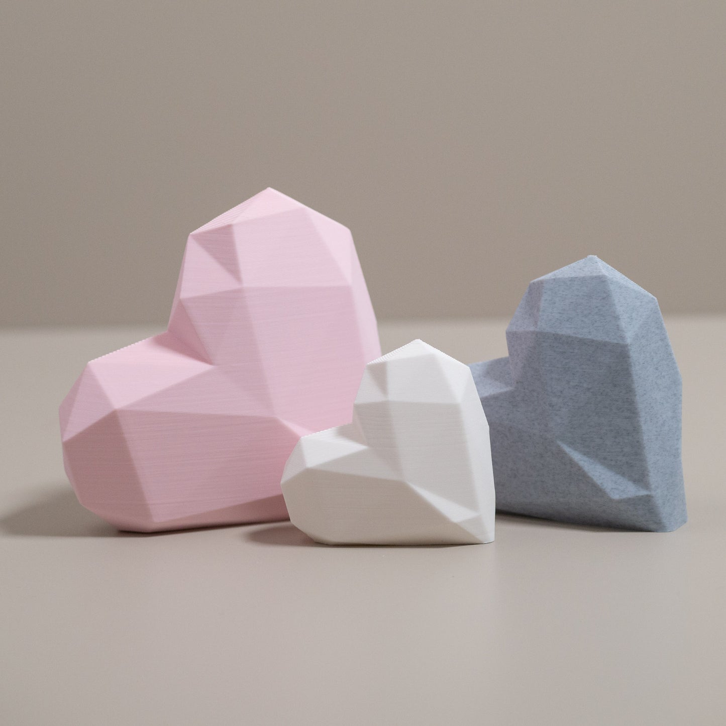 Geometric 3D Love Heart Ornaments - Pink, Stone Grey and White - Set of 3 Hearts