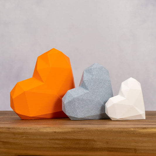 Geometric 3D Love Heart Ornaments - Orange, Stone Grey and White - Set of 3 Hearts - Vantage 3D Prints