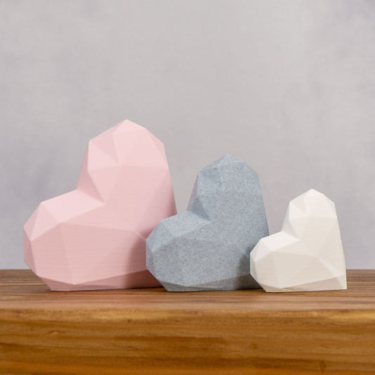 Geometric 3D Love Heart Ornaments - Pink, Stone Grey and White - Set of 3 Hearts - Vantage 3D Prints