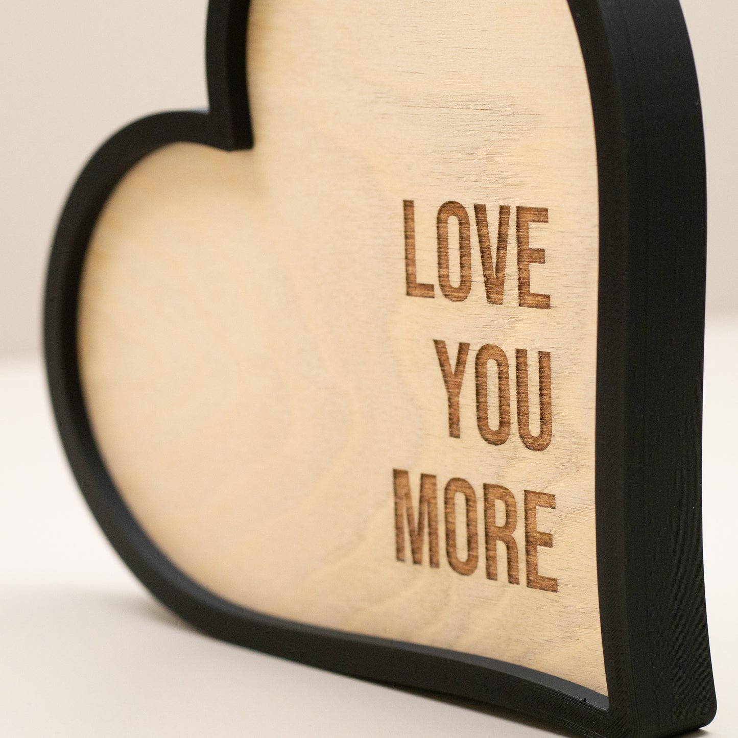 Love You More Heart Ornament: Engraved Wooden Home Decor, Shelf Accessory