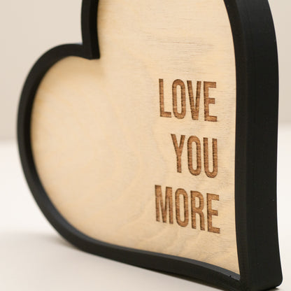 Love You More Heart Ornament: Engraved Wooden Home Decor, Shelf Accessory