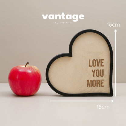 Love You More Heart Ornament: Engraved Wooden Home Decor, Shelf Accessory