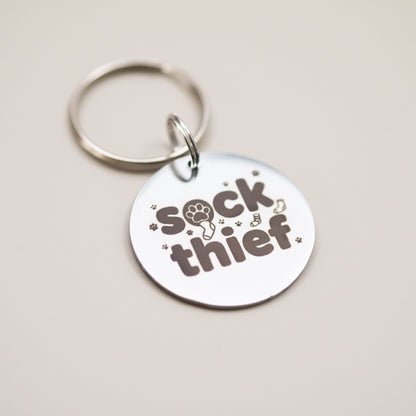 Funny Pet Collar Charm: Engraved Stainless Steel Pet Tag - Sock Thief