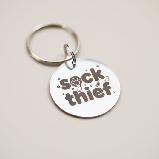 Funny Pet Collar Charm: Engraved Stainless Steel Pet Tag - Sock Thief