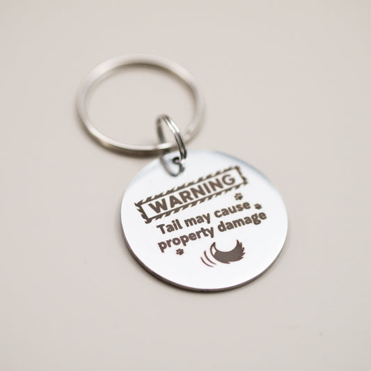 Funny Pet Collar Charm: Engraved Stainless Steel Pet Tag - Warning! Tail may cause property damage
