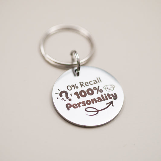 Funny Pet Collar Charm: Engraved Stainless Steel Pet Tag - 0% Recall. 100% Personality