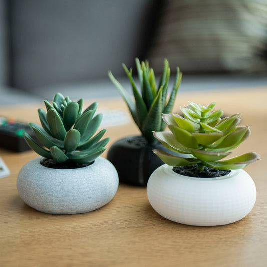 Artificial Succulent Planter - Set of 3 Circular Round - Black, Grey and White - Vantage 3D Prints