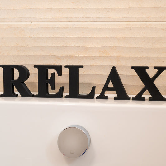 Relax Bathroom Ornament Freestanding Decorative Letters - Serif Font in Black - Vantage 3D Prints