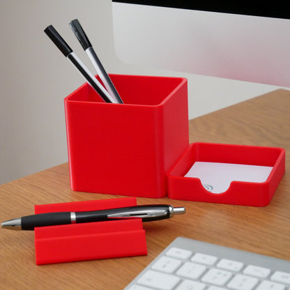 Red Desk Organiser Accessories - Stationary Storage Set - Pen Pot, Sticky Note Tray, Pen Tray - Vantage 3D Prints