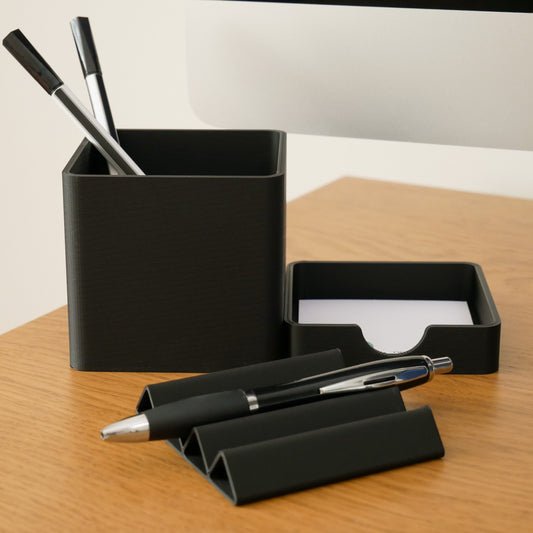 Black Desk Organiser Accessories - Stationary Storage Set - Pen Pot, Sticky Note Tray, Pen Tray - Vantage 3D Prints