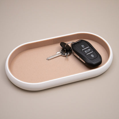 White & Wood Effect Oval Trinket Dish Catchall: Entryway Tidy Key Tray, Bedside Table Dish
