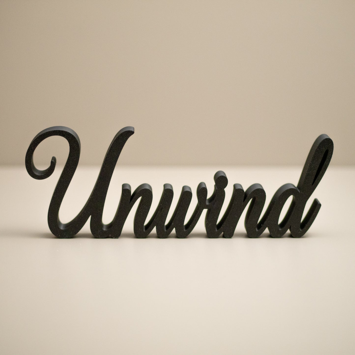 Unwind Word Ornament – Freestanding Cursive Decor for Shelf, Mantel or Living Room Display