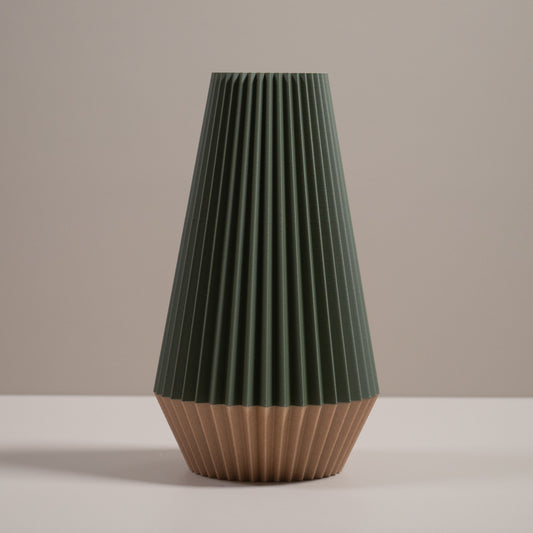 Ridged Vase in Green | Wood Effect Base | For Artificial Flowers - Eco Friendly Homeware