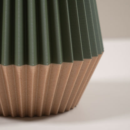 Ridged Vase in Green | Wood Effect Base | For Artificial Flowers - Eco Friendly Homeware