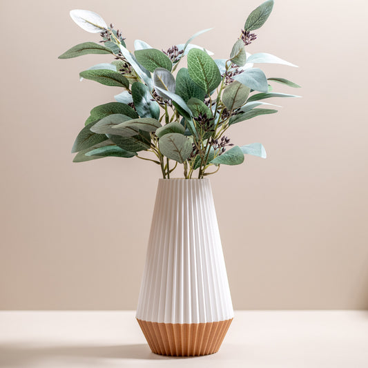 Ridged Vase in White | Wood Effect Base | For Artificial Flowers - Eco Friendly Homeware