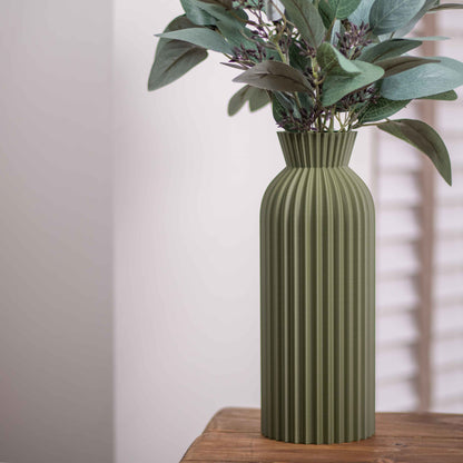 Tall Vase Decorative Ornament Olive Green I Ripple Pattern I Neutral Colours