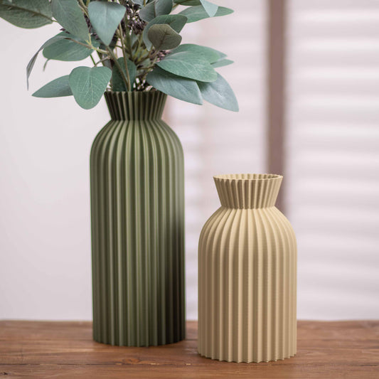 Tall Vase Decorative Ornament Olive Green I Ripple Pattern I Neutral Colours