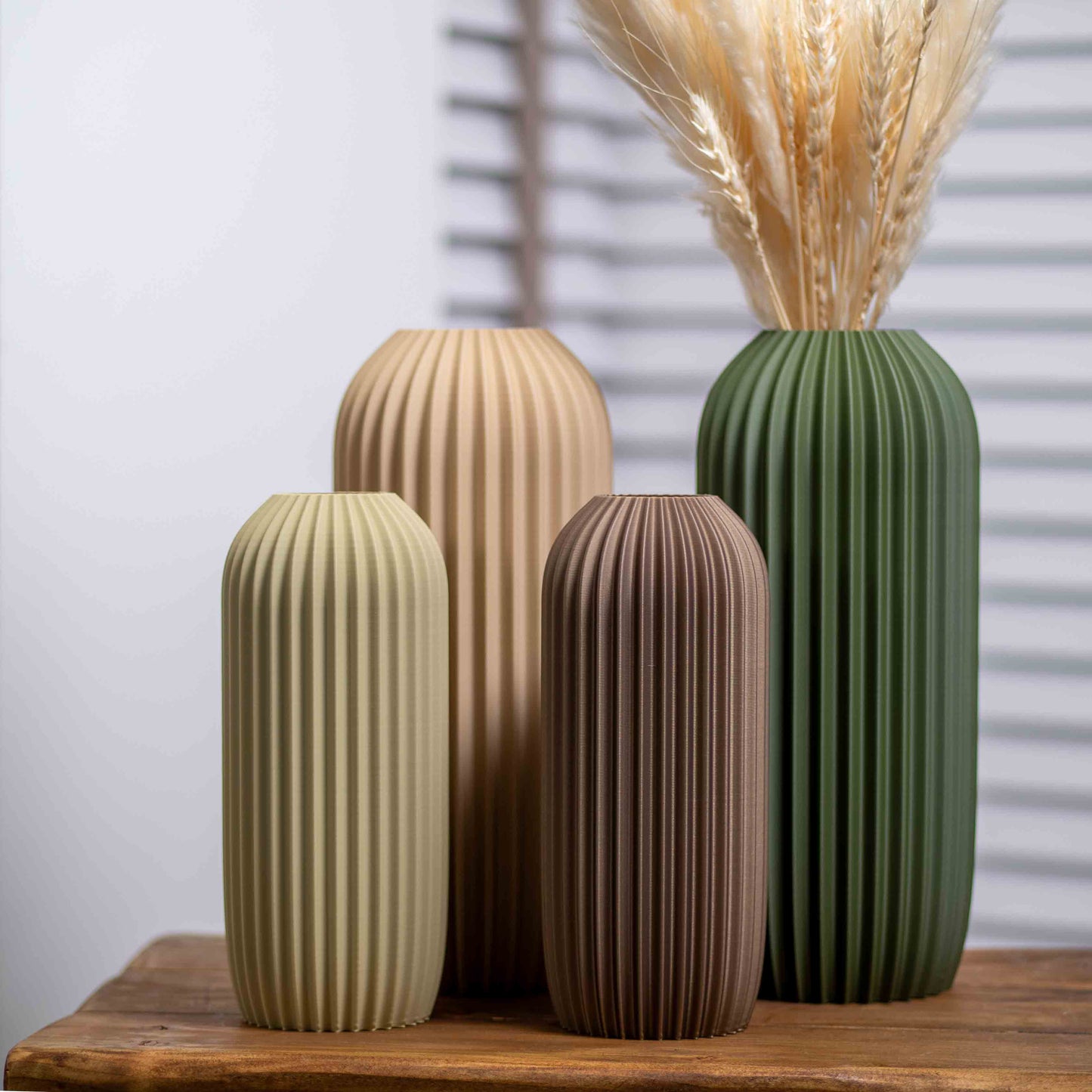 Olive Green Earth Tone Vase | Elegant Pleated Design Ornament for Pampas Grass & Dried Flowers Display