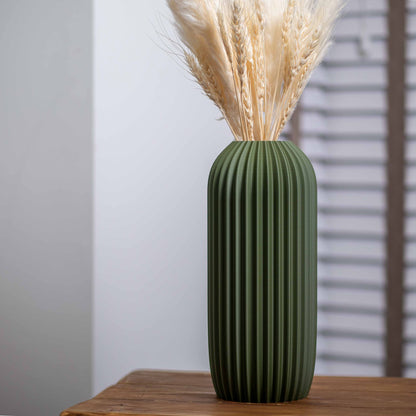 Olive Green Earth Tone Vase | Elegant Pleated Design Ornament for Pampas Grass & Dried Flowers Display