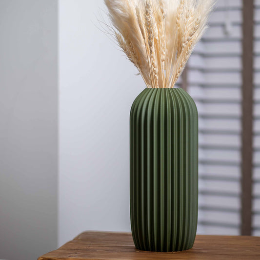 Olive Green Earth Tone Vase | Elegant Pleated Design Ornament for Pampas Grass & Dried Flowers Display