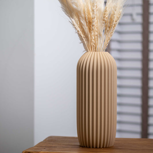 Beige Earth Tone Vase | Elegant Pleated Design Ornament for Pampas Grass & Dried Flowers