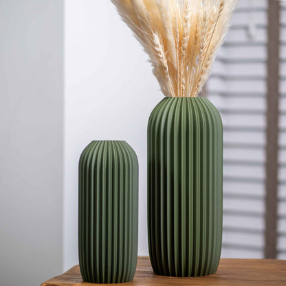 Olive Green Earth Tone Vase | Elegant Pleated Design Ornament for Pampas Grass & Dried Flowers Display