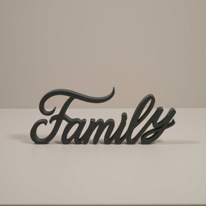 Family Word Ornament – Freestanding Cursive Decor for Shelf, Mantel or Living Room Display