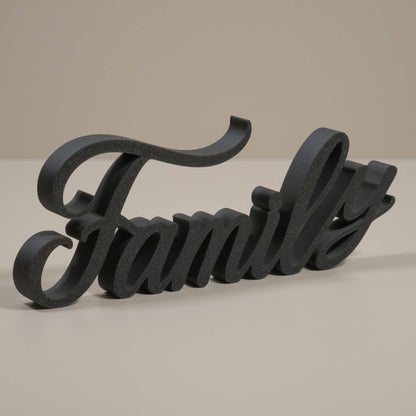 Family Word Ornament – Freestanding Cursive Decor for Shelf, Mantel or Living Room Display