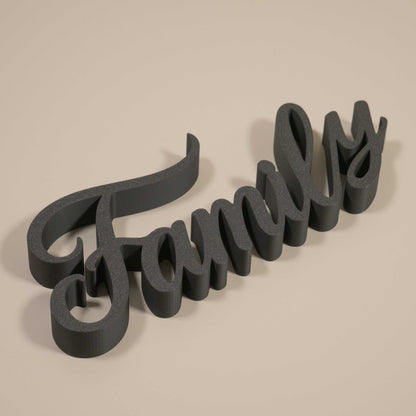 Family Word Ornament – Freestanding Cursive Decor for Shelf, Mantel or Living Room Display