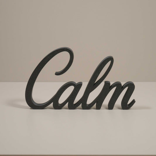Calm Word Ornament – Freestanding Cursive Decor for Bedroom, Meditation Corner or Reading Nook