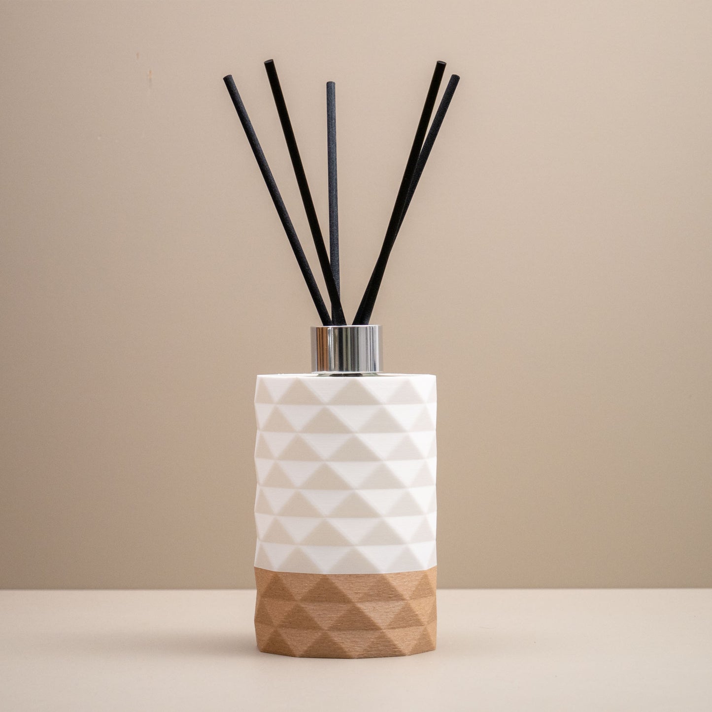 Reed Diffuser Bottle (100ml) with Diamond Pattern - Ivory White/Wood Effect